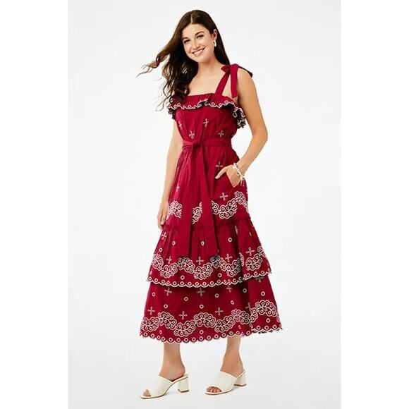 Roller Rabbit Peonia Embroidered Eleanor Dress In Red Tiered Tie Straps Cotton S - Picture 1 of 9